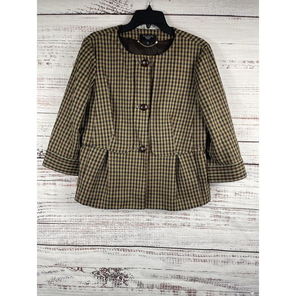 Talbots Blazer Women's 14P Brown Plaid Wool Blend Lined Jacket Classic Career
